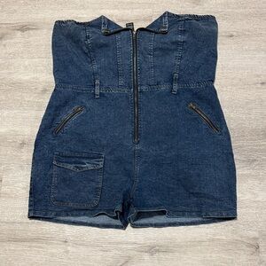 Dark Blue Denim Romper with Zipper Accents